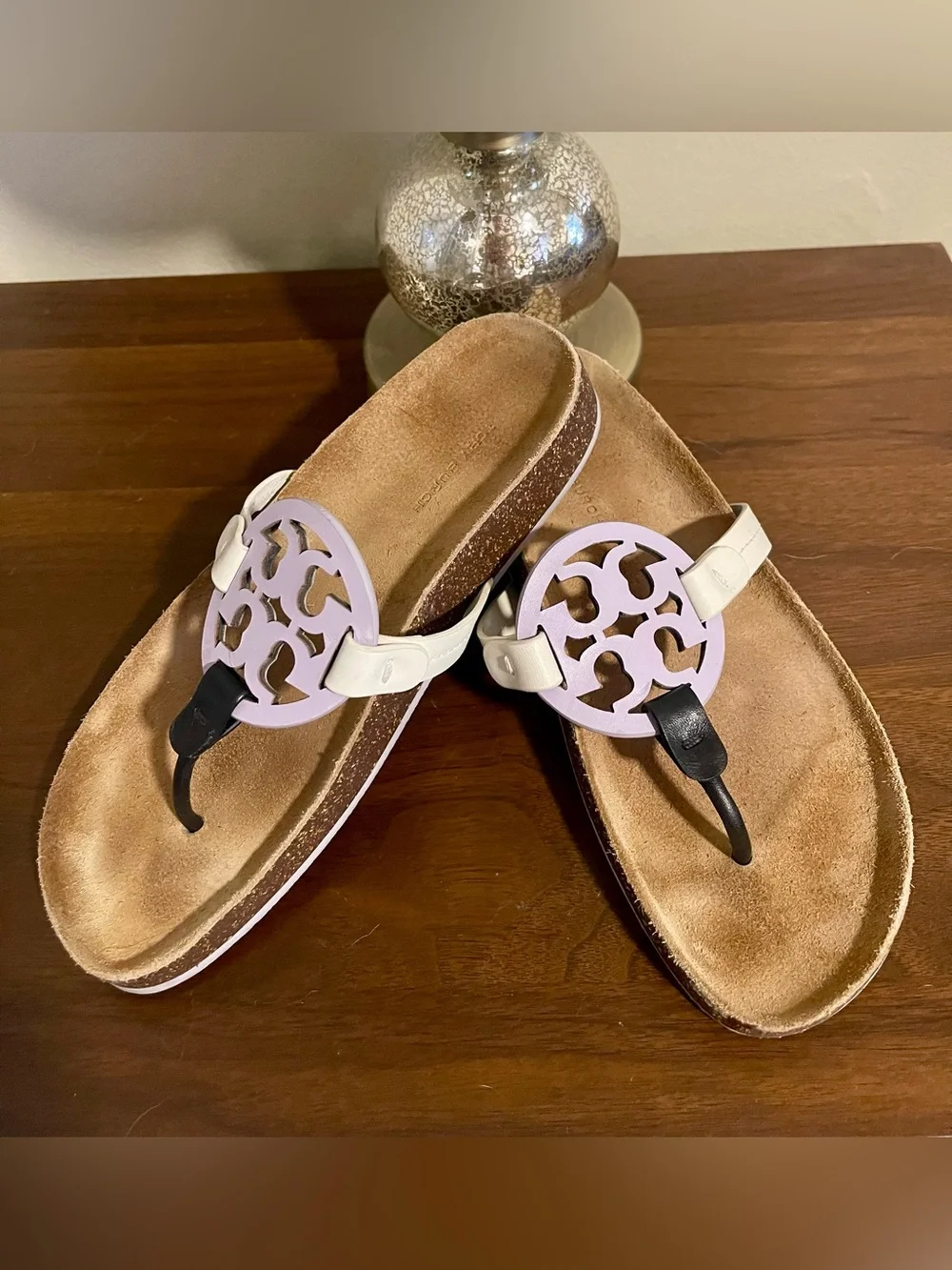 Tory Burch Miller Cloud Lavender White & Black Logo Sandals - Size 7 - Picture 2 of 6